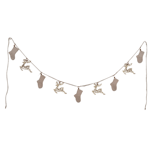 Crocheted Stockings and Wooden Reindeer Garland