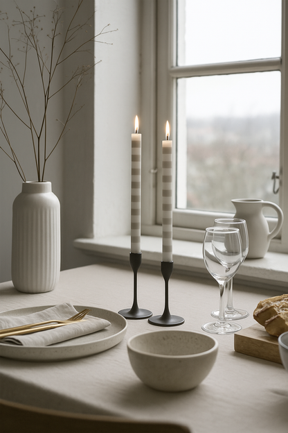 Hand Painted Dinner Candle Pair - Fun Stripes - Grey