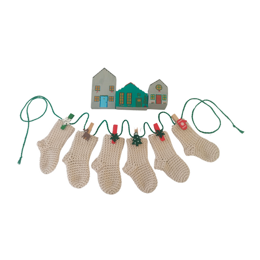 Crocheted Stocking Garland with Handpainted Wooden Houses